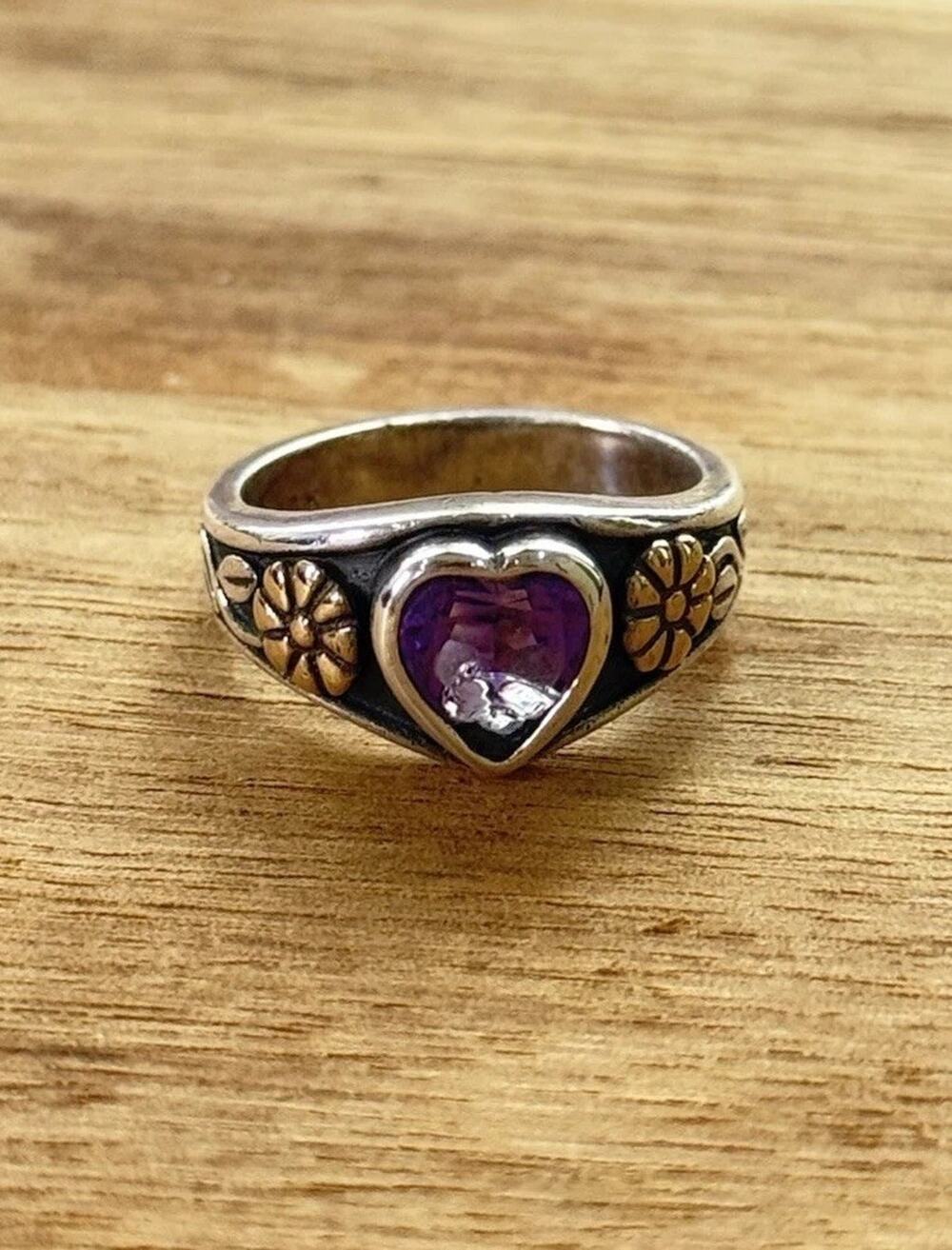 James Avery Retired Amethyst Heart 14kt Gold Flower Sterling Silver Ring Size 5